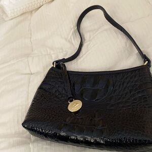 Brahmin “Anytime Mini” over shoulder purse in Ink Melbourne, color is dark navy